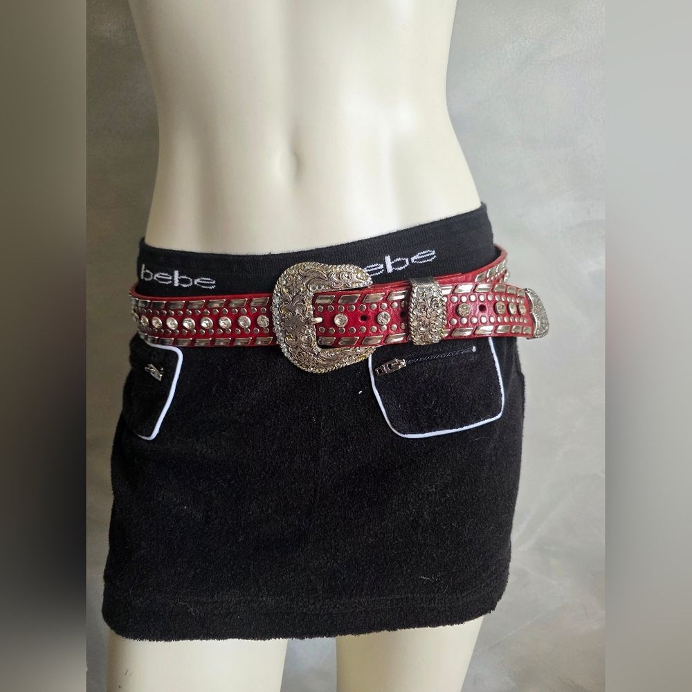 Vtg 90s Red Leather Chunky Silver Rhinestone Belt Sz L Y2K McBling Dazzle Rare